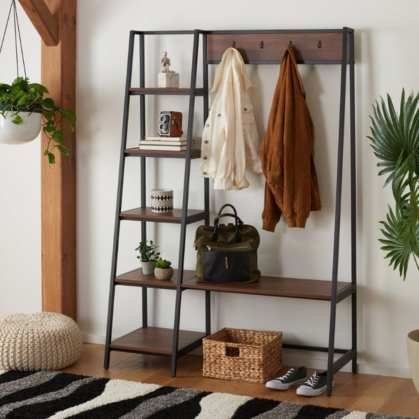 Safavieh Akasha Hall Tree Etagere - Rustic Entryway Organizer With Hooks, Bench & Stylish Walnut Finish ETG9300A