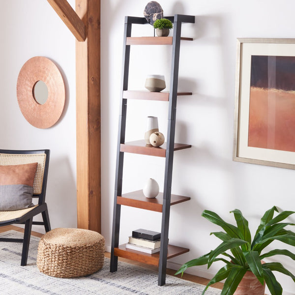 Safavieh Yassi 5-Tier Leaning Etagere - Rustic Storage Solution For Small Spaces With Stylish Open Shelving Honey Brown / Charcoal ETG9403C