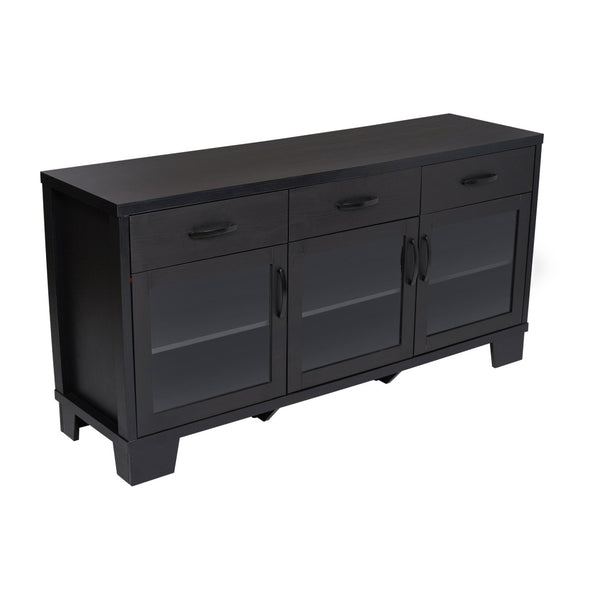 English Elm Wells 59 Inch Modern Buffet Sideboard Storage Cabinet with Glass Doors and Ample Organized Space Black EV-CA7515-01ZZ-BK-GG