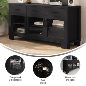 English Elm Wells 59 Inch Modern Buffet Sideboard Storage Cabinet with Glass Doors and Ample Organized Space Black EV-CA7515-01ZZ-BK-GG