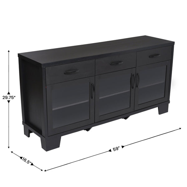 English Elm Wells 59 Inch Modern Buffet Sideboard Storage Cabinet with Glass Doors and Ample Organized Space Black EV-CA7515-01ZZ-BK-GG