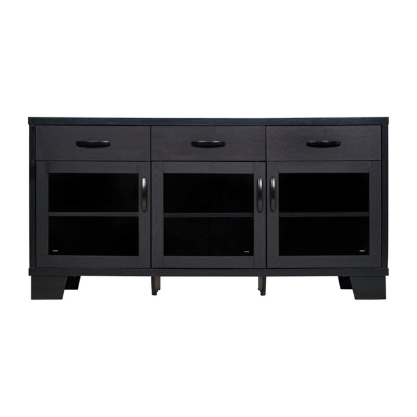 English Elm Wells 59 Inch Modern Buffet Sideboard Storage Cabinet with Glass Doors and Ample Organized Space Black EV-CA7515-01ZZ-BK-GG