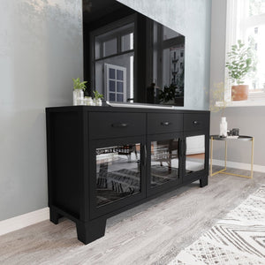 English Elm Wells 59 Inch Modern Buffet Sideboard Storage Cabinet with Glass Doors and Ample Organized Space Black EV-CA7515-01ZZ-BK-GG