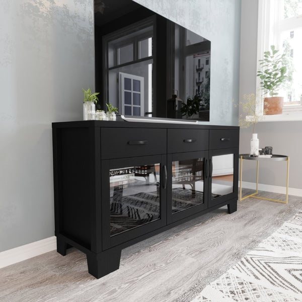 English Elm Wells 59 Inch Modern Buffet Sideboard Storage Cabinet with Glass Doors and Ample Organized Space Black EV-CA7515-01ZZ-BK-GG