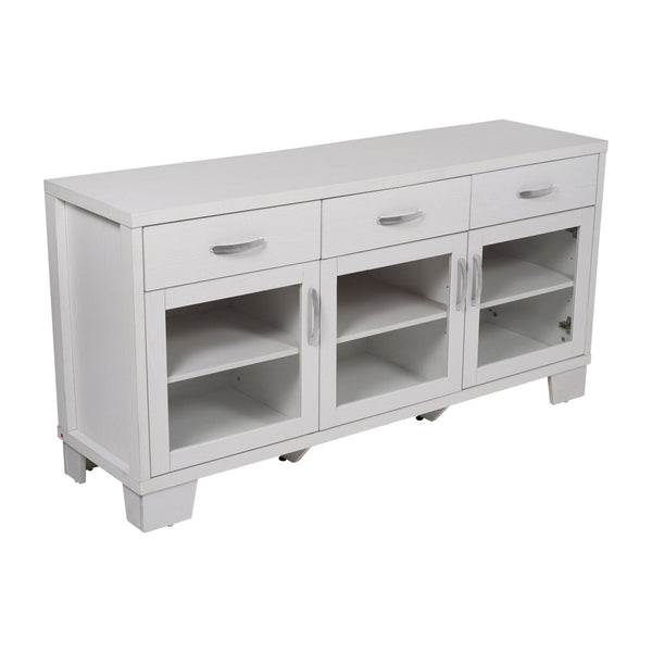 English Elm Wells 59 Inch Modern Buffet Sideboard Storage Cabinet with Glass Doors and Ample Organized Space White EV-CA7515-01ZZ-WH-GG