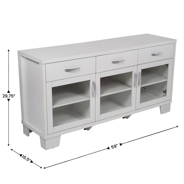English Elm Wells 59 Inch Modern Buffet Sideboard Storage Cabinet with Glass Doors and Ample Organized Space White EV-CA7515-01ZZ-WH-GG