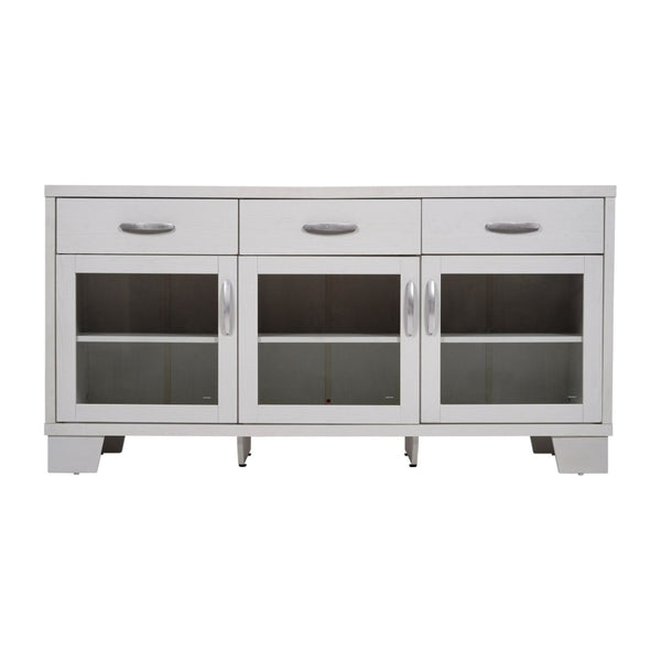 English Elm Wells 59 Inch Modern Buffet Sideboard Storage Cabinet with Glass Doors and Ample Organized Space White EV-CA7515-01ZZ-WH-GG