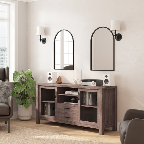 English Elm Dion 59-Inch Modern Buffet Sideboard: Sleek Storage Cabinet with Glass Doors & Open Shelf Design Brown EV-CA7515-ZZ-BR-GG