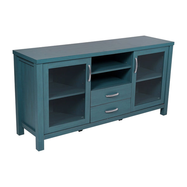 English Elm Dion 59-Inch Modern Buffet Sideboard: Sleek Storage Cabinet with Glass Doors & Open Shelf Design Teal EV-CA7515-ZZ-TL-GG