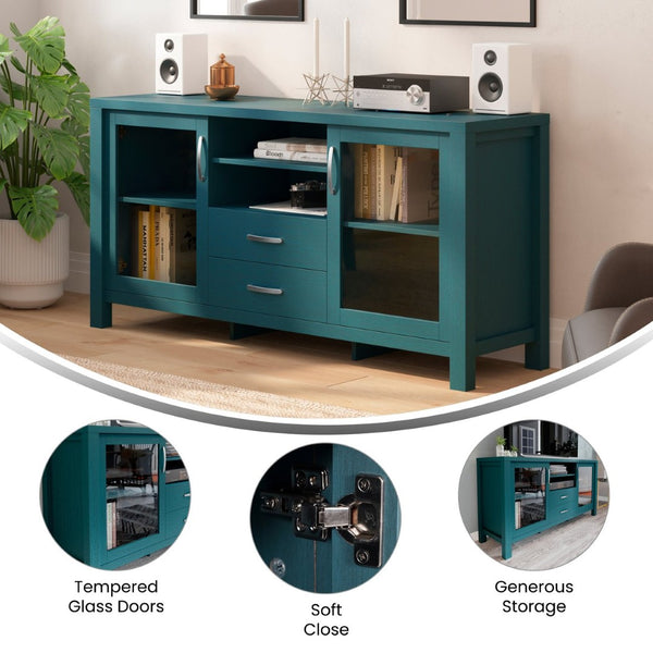English Elm Dion 59-Inch Modern Buffet Sideboard: Sleek Storage Cabinet with Glass Doors & Open Shelf Design Teal EV-CA7515-ZZ-TL-GG