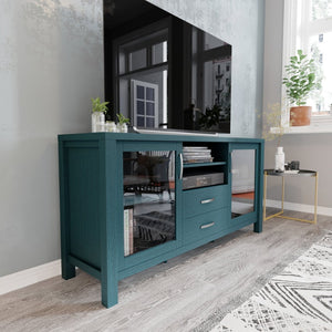 English Elm Dion 59-Inch Modern Buffet Sideboard: Sleek Storage Cabinet with Glass Doors & Open Shelf Design Teal EV-CA7515-ZZ-TL-GG