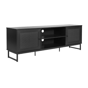 English Elm Malaki Mid-Century Modern TV Stand with Rattan Soft-Close Doors and Fixed Shelf for Stylish Storage Black 65" EV-ET4216-ZZ-BLK-GG