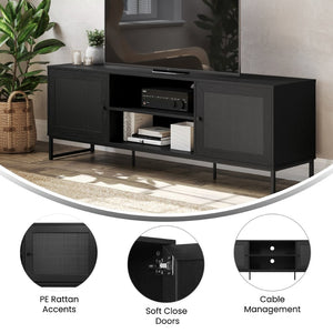 English Elm Malaki Mid-Century Modern TV Stand with Rattan Soft-Close Doors and Fixed Shelf for Stylish Storage Black 65" EV-ET4216-ZZ-BLK-GG