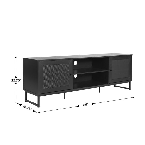 English Elm Malaki Mid-Century Modern TV Stand with Rattan Soft-Close Doors and Fixed Shelf for Stylish Storage Black 65" EV-ET4216-ZZ-BLK-GG