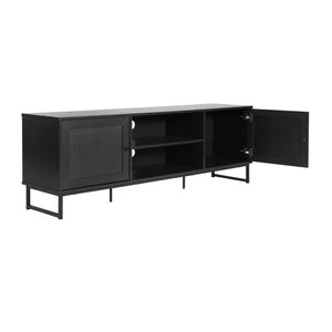 English Elm Malaki Mid-Century Modern TV Stand with Rattan Soft-Close Doors and Fixed Shelf for Stylish Storage Black 65" EV-ET4216-ZZ-BLK-GG