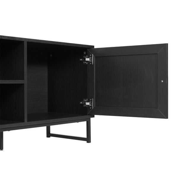 English Elm Malaki Mid-Century Modern TV Stand with Rattan Soft-Close Doors and Fixed Shelf for Stylish Storage Black 65" EV-ET4216-ZZ-BLK-GG