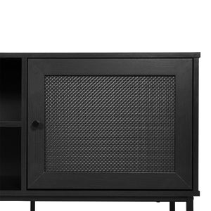 English Elm Malaki Mid-Century Modern TV Stand with Rattan Soft-Close Doors and Fixed Shelf for Stylish Storage Black 65" EV-ET4216-ZZ-BLK-GG