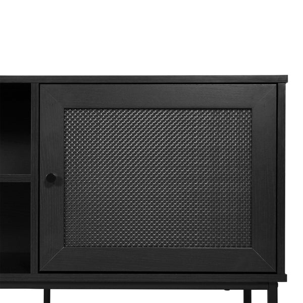 English Elm Malaki Mid-Century Modern TV Stand with Rattan Soft-Close Doors and Fixed Shelf for Stylish Storage Black 65" EV-ET4216-ZZ-BLK-GG