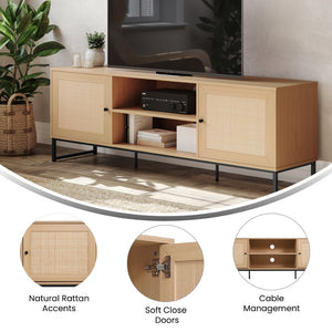 English Elm Malaki Mid-Century Modern TV Stand with Rattan Soft-Close Doors and Fixed Shelf for Stylish Storage Natural 65" EV-ET4216-ZZ-NAT-GG
