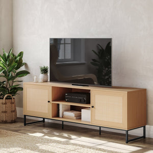English Elm Malaki Mid-Century Modern TV Stand with Rattan Soft-Close Doors and Fixed Shelf for Stylish Storage Natural 65" EV-ET4216-ZZ-NAT-GG