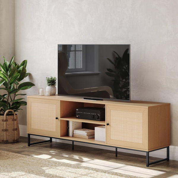 English Elm Malaki Mid-Century Modern TV Stand with Rattan Soft-Close Doors and Fixed Shelf for Stylish Storage Natural 65" EV-ET4216-ZZ-NAT-GG
