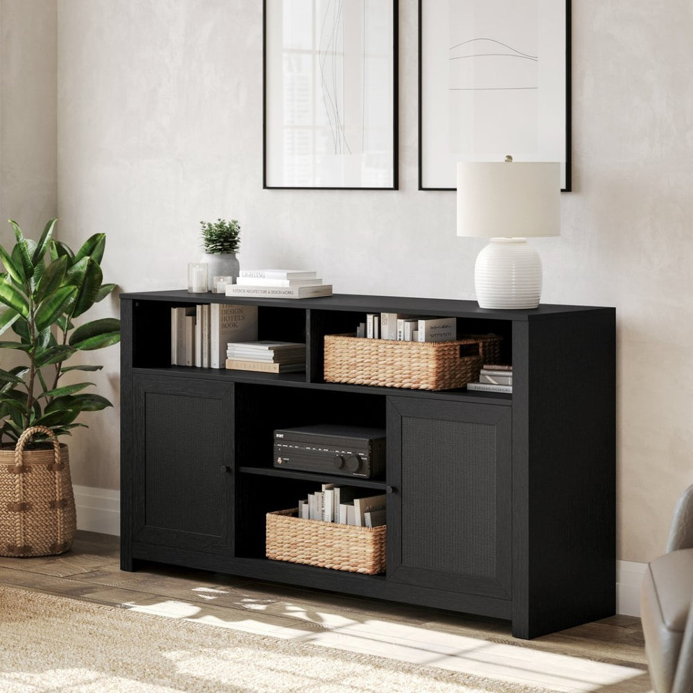 English Elm Malaki Mid-Century Modern Buffet Sideboard with Soft Close Doors & Adjustable Storage for TVs Up to 65" Black 58" EV-ET8114-ZZ-BLK-GG