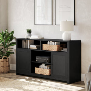 English Elm Malaki Mid-Century Modern Buffet Sideboard with Soft Close Doors & Adjustable Storage for TVs Up to 65" Black 58" EV-ET8114-ZZ-BLK-GG