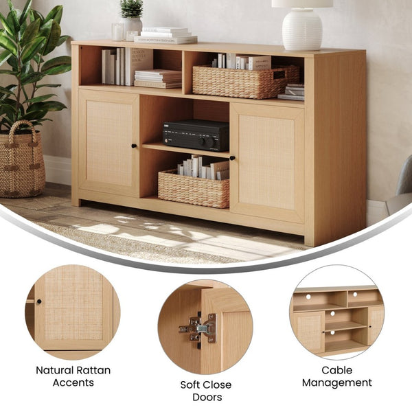 English Elm Malaki Mid-Century Modern Buffet Sideboard with Soft Close Doors & Adjustable Storage for TVs Up to 65" Natural 58" EV-ET8114-ZZ-NAT-GG