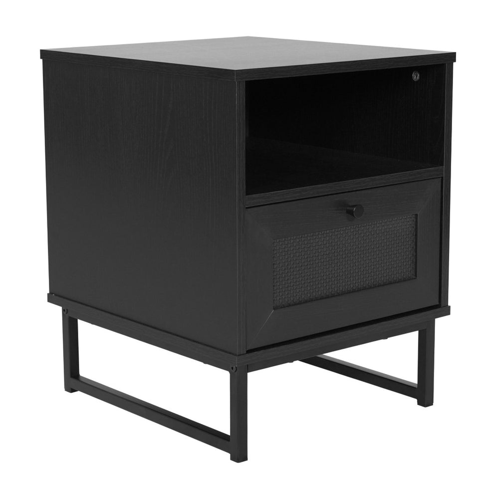 English Elm Malaki Mid-Century Modern Nightstand with Rattan Drawer, Open Shelf, and Sturdy Metal Legs for Style Black EV-ST4043-ZZ-BLK-GG