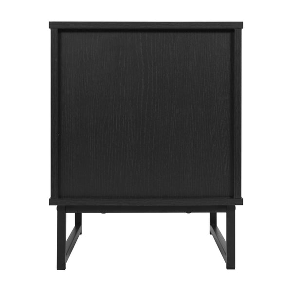 English Elm Malaki Set of 2 Mid-Century Modern Nightstands with Rattan Drawers, Open Shelves, and Metal Legs Black 2-EV-ST4043-ZZ-BLK-GG