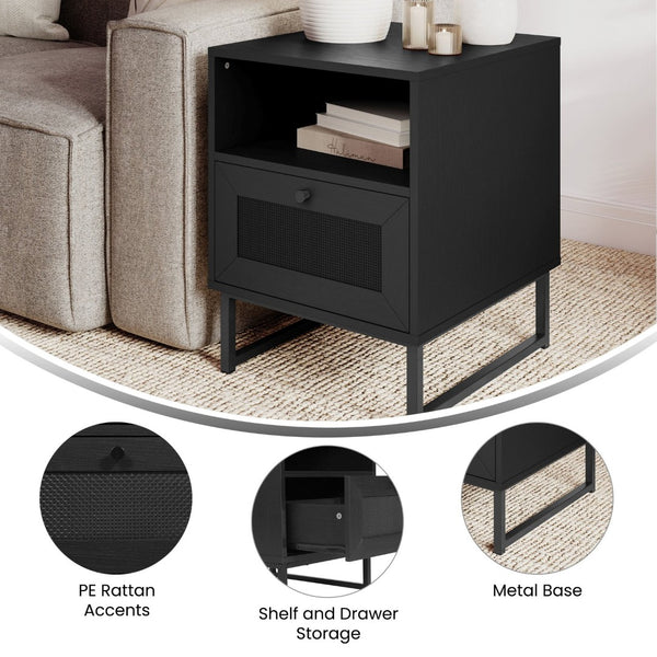 English Elm Malaki Mid-Century Modern Nightstand with Rattan Drawer, Open Shelf, and Sturdy Metal Legs for Style Black EV-ST4043-ZZ-BLK-GG