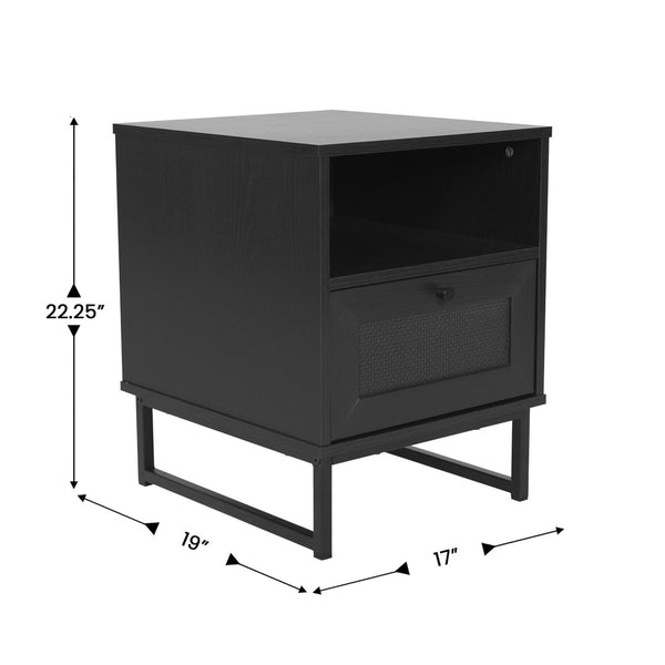 English Elm Malaki Mid-Century Modern Nightstand with Rattan Drawer, Open Shelf, and Sturdy Metal Legs for Style Black EV-ST4043-ZZ-BLK-GG