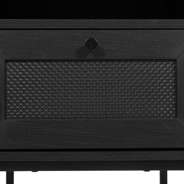 English Elm Malaki Mid-Century Modern Nightstand with Rattan Drawer, Open Shelf, and Sturdy Metal Legs for Style Black EV-ST4043-ZZ-BLK-GG