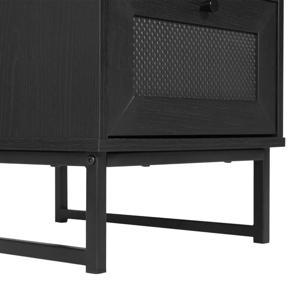 English Elm Malaki Mid-Century Modern Nightstand with Rattan Drawer, Open Shelf, and Sturdy Metal Legs for Style Black EV-ST4043-ZZ-BLK-GG