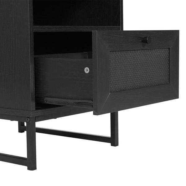 English Elm Malaki Set of 2 Mid-Century Modern Nightstands with Rattan Drawers, Open Shelves, and Metal Legs Black 2-EV-ST4043-ZZ-BLK-GG