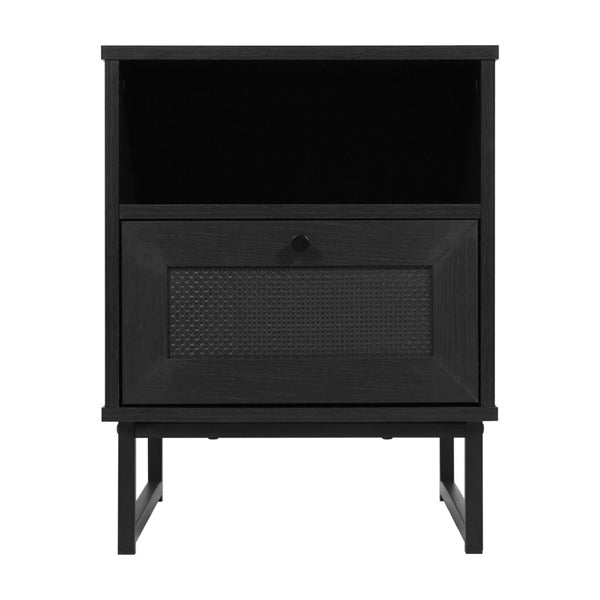 English Elm Malaki Set of 2 Mid-Century Modern Nightstands with Rattan Drawers, Open Shelves, and Metal Legs Black 2-EV-ST4043-ZZ-BLK-GG