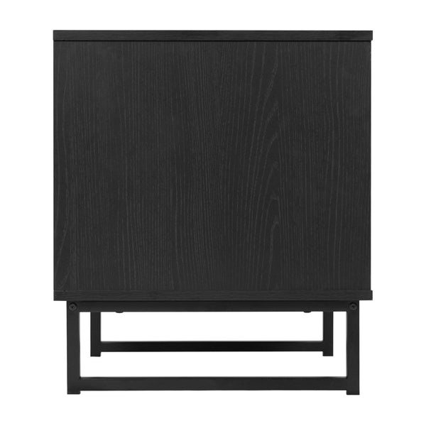English Elm Malaki Set of 2 Mid-Century Modern Nightstands with Rattan Drawers, Open Shelves, and Metal Legs Black 2-EV-ST4043-ZZ-BLK-GG