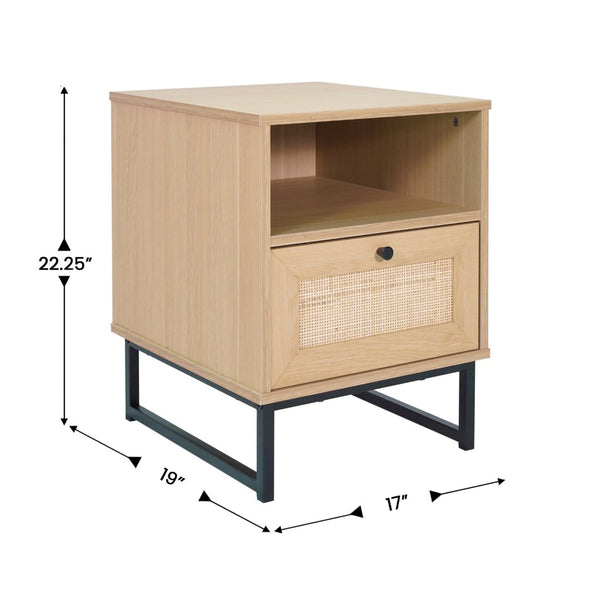 English Elm Malaki Set of 2 Mid-Century Modern Nightstands with Rattan Drawers, Open Shelves, and Metal Legs Natural 2-EV-ST4043-ZZ-NAT-GG