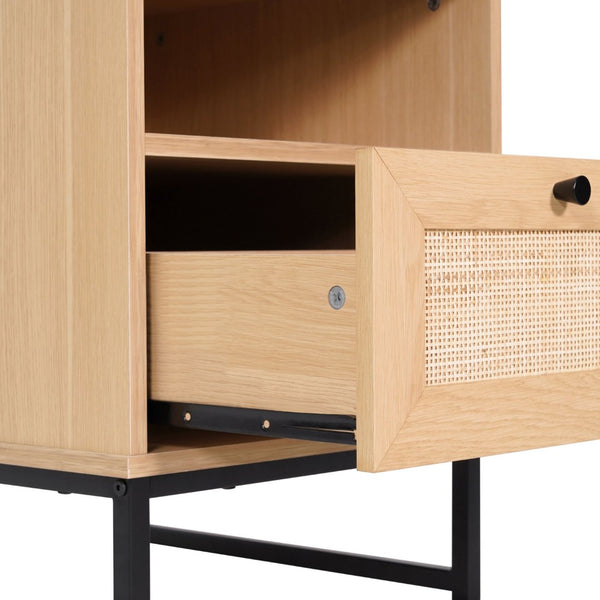 English Elm Malaki Set of 2 Mid-Century Modern Nightstands with Rattan Drawers, Open Shelves, and Metal Legs Natural 2-EV-ST4043-ZZ-NAT-GG