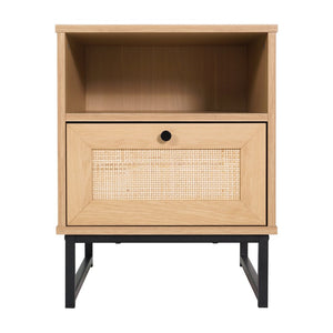 English Elm Malaki Set of 2 Mid-Century Modern Nightstands with Rattan Drawers, Open Shelves, and Metal Legs Natural 2-EV-ST4043-ZZ-NAT-GG