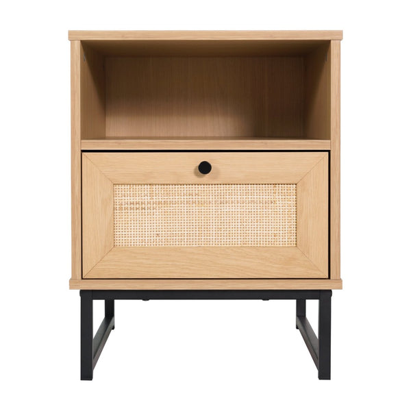 English Elm Malaki Set of 2 Mid-Century Modern Nightstands with Rattan Drawers, Open Shelves, and Metal Legs Natural 2-EV-ST4043-ZZ-NAT-GG