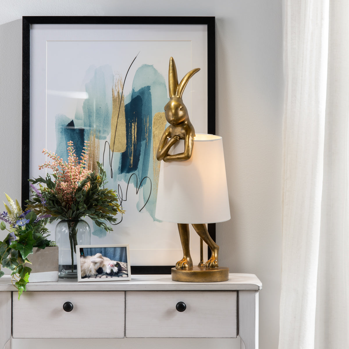 Glass Rabbit Lamps Chester Gold Rabbit Lamp – Whimsical Polyresin Design with White Linen