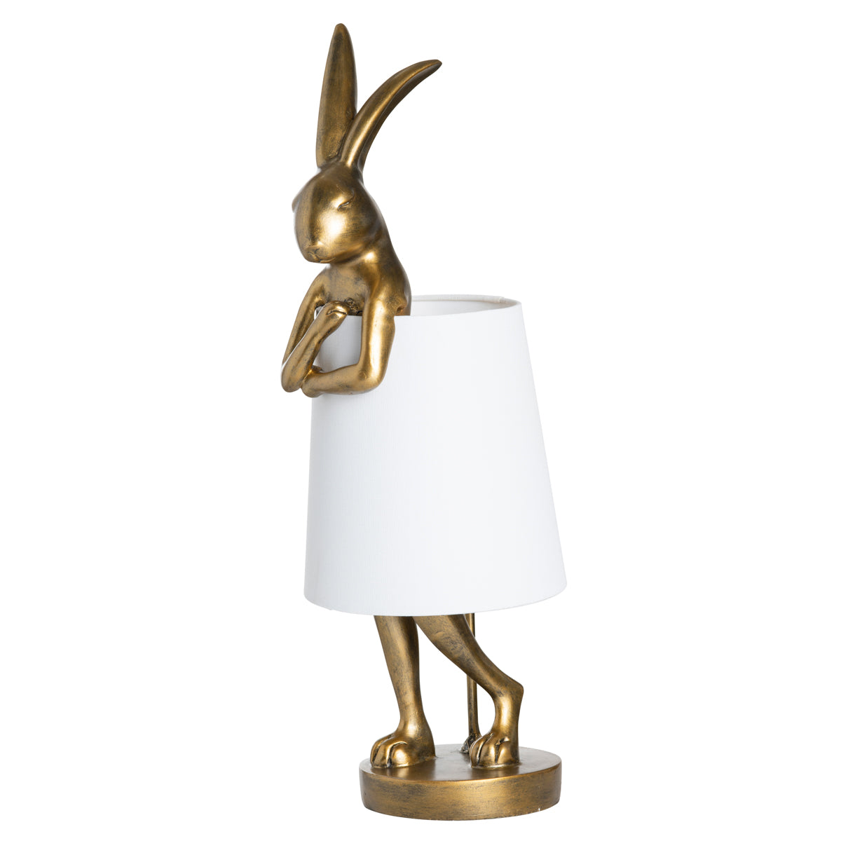 Unique Rabbit Lamp Chester Gold Rabbit Lamp – Whimsical Polyresin Design with White Linen