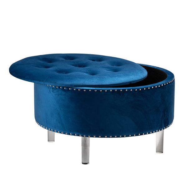 Natalia Round Blue Velvet Storage Ottoman EVFZR3147BU Evolution by Crestview Collection