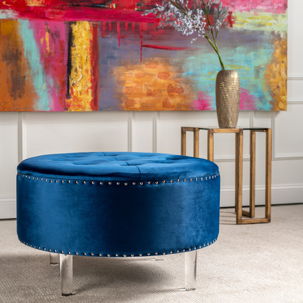 Natalia Round Blue Velvet Storage Ottoman EVFZR3147BU Evolution by Crestview Collection