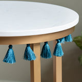 Saffron Round Marble Accent Table w/ Teal Blue Tassels EVFZR3303BL Evolution by Crestview Collection