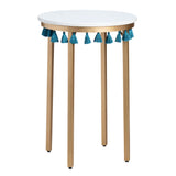 Saffron Round Marble Accent Table w/ Teal Blue Tassels EVFZR3303BL Evolution by Crestview Collection