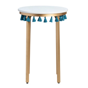 Saffron Round Marble Accent Table w/ Teal Blue Tassels EVFZR3303BL Evolution by Crestview Collection