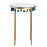 Saffron Round Marble Accent Table w/ Teal Blue Tassels