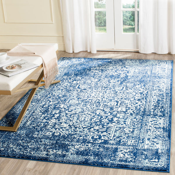 Safavieh Evoke Navy Ivory Round Area Rug — Turkish Power-Loomed Traditional Oriental Design, Durable Low-Profile 8'-0" x 8'-0" EVK256A-8R